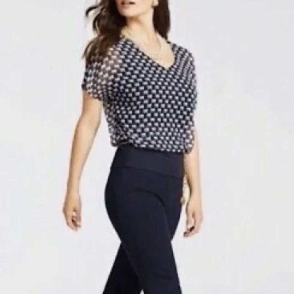 CAbi Short Sleeve Lined Top Shirt Navy Blue White Elephant Print Small v Neck